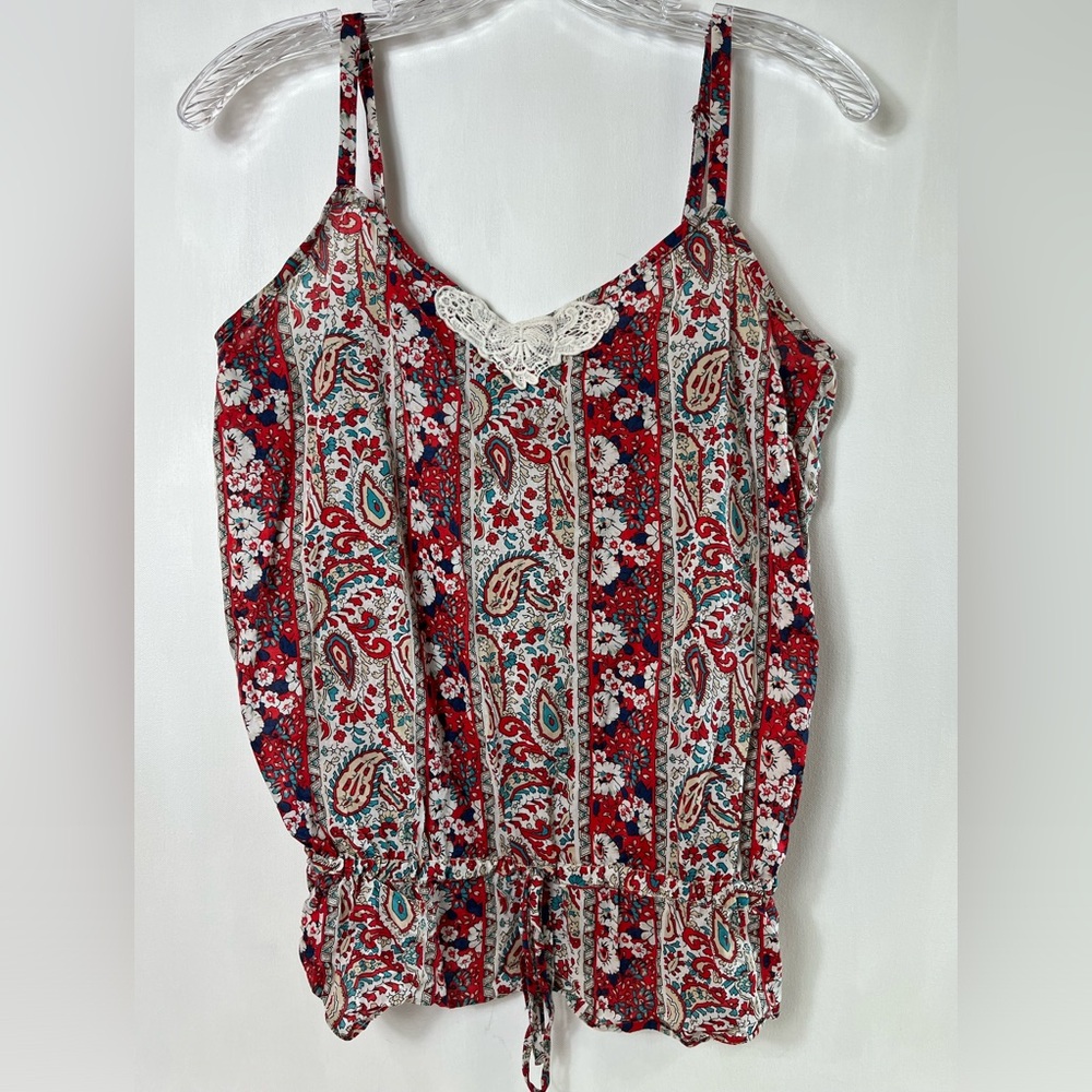 Tommy Hilfiger Women’s Red Paisley Cami Adjustable Strap Tie Waist Blouse Sz 6